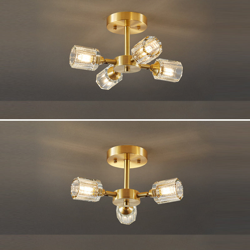 Lustre Plafonnier Semi-Encastré Moderne de Luxe Carré Rond Cristal Cuivre 3/4/5/6 Lumières pour Chambre 