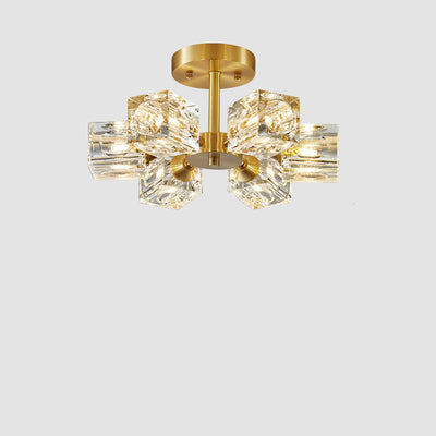 Lustre Plafonnier Semi-Encastré Moderne de Luxe Carré Rond Cristal Cuivre 3/4/5/6 Lumières pour Chambre 