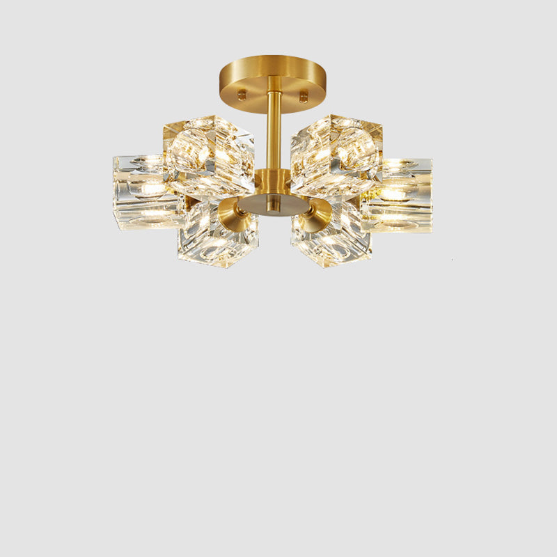 Lustre Plafonnier Semi-Encastré Moderne de Luxe Carré Rond Cristal Cuivre 3/4/5/6 Lumières pour Chambre 