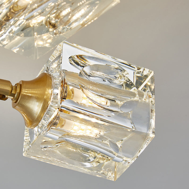 Lustre Plafonnier Semi-Encastré Moderne de Luxe Carré Rond Cristal Cuivre 3/4/5/6 Lumières pour Chambre 