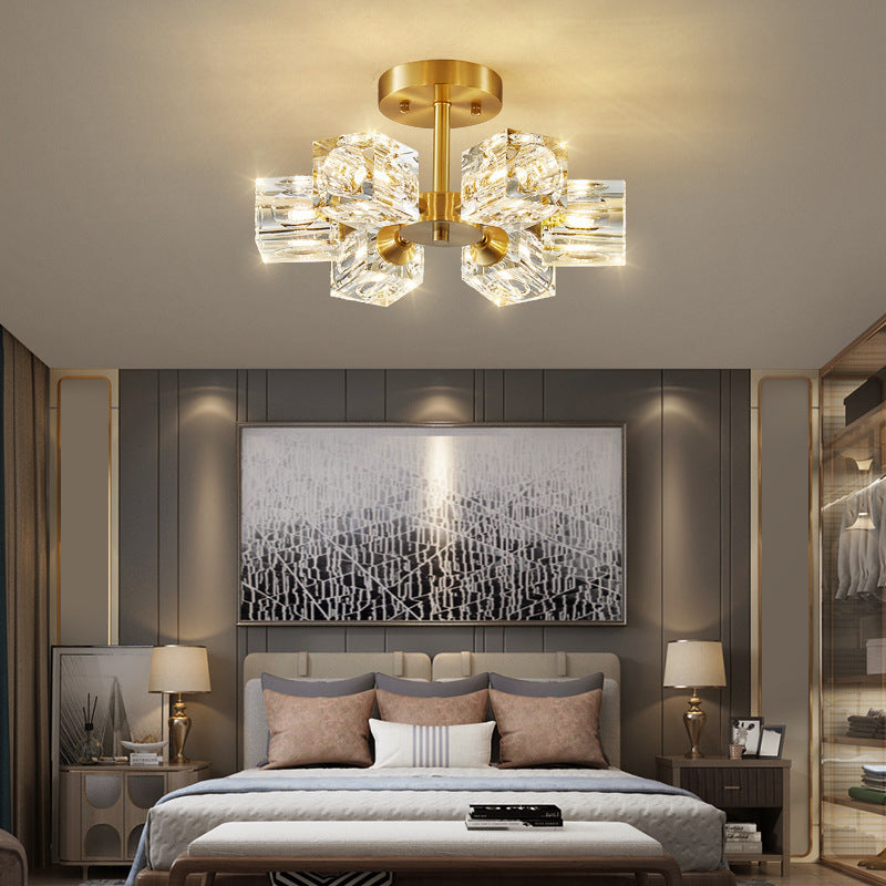 Lustre Plafonnier Semi-Encastré Moderne de Luxe Carré Rond Cristal Cuivre 3/4/5/6 Lumières pour Chambre 