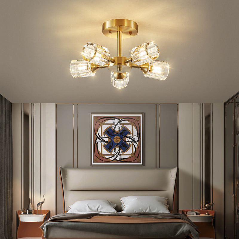 Lustre Plafonnier Semi-Encastré Moderne de Luxe Carré Rond Cristal Cuivre 3/4/5/6 Lumières pour Chambre 