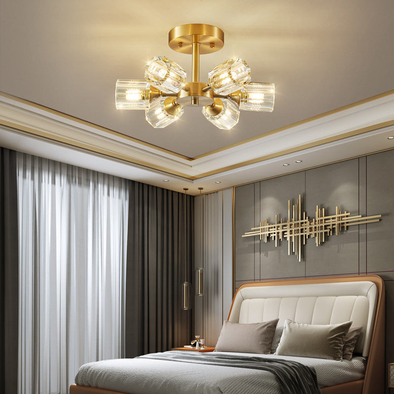 Lustre Plafonnier Semi-Encastré Moderne de Luxe Carré Rond Cristal Cuivre 3/4/5/6 Lumières pour Chambre 