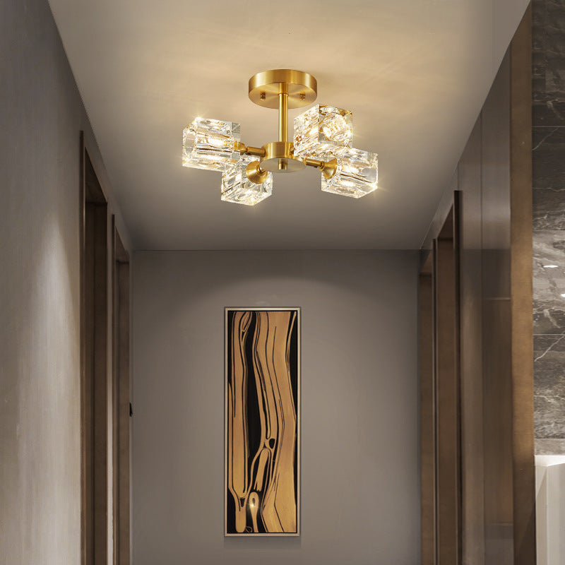 Lustre Plafonnier Semi-Encastré Moderne de Luxe Carré Rond Cristal Cuivre 3/4/5/6 Lumières pour Chambre 