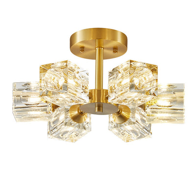 Lustre Plafonnier Semi-Encastré Moderne de Luxe Carré Rond Cristal Cuivre 3/4/5/6 Lumières pour Chambre 