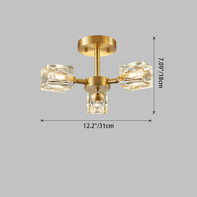 Lustre Plafonnier Semi-Encastré Moderne de Luxe Carré Rond Cristal Cuivre 3/4/5/6 Lumières pour Chambre 