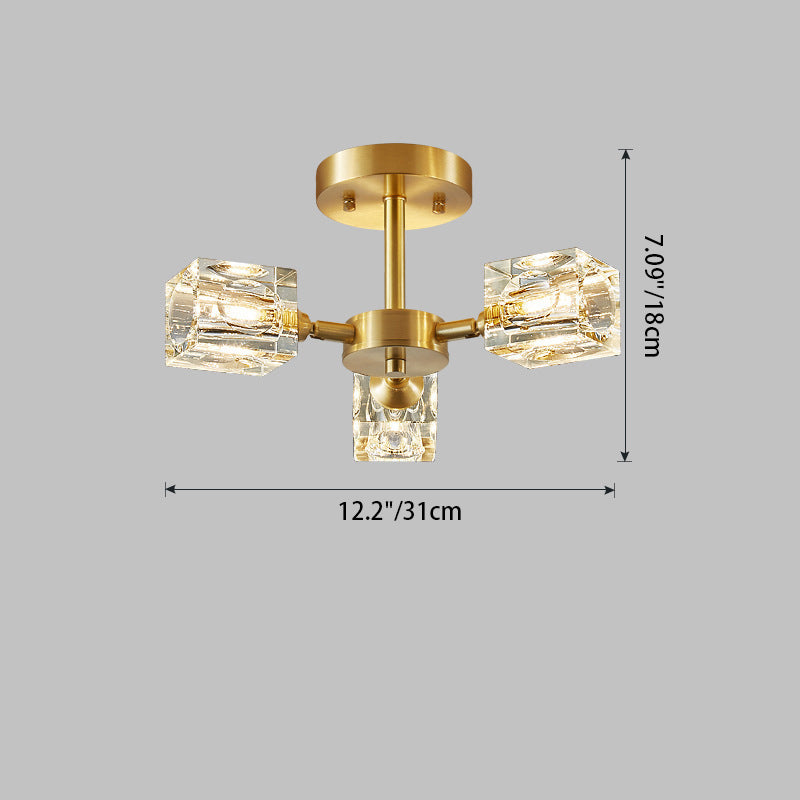 Lustre Plafonnier Semi-Encastré Moderne de Luxe Carré Rond Cristal Cuivre 3/4/5/6 Lumières pour Chambre 