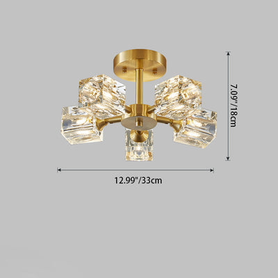 Lustre Plafonnier Semi-Encastré Moderne de Luxe Carré Rond Cristal Cuivre 3/4/5/6 Lumières pour Chambre 