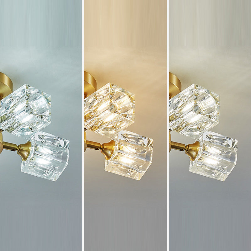 Lustre Plafonnier Semi-Encastré Moderne de Luxe Carré Rond Cristal Cuivre 3/4/5/6 Lumières pour Chambre 
