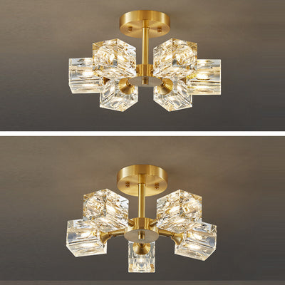 Lustre Plafonnier Semi-Encastré Moderne de Luxe Carré Rond Cristal Cuivre 3/4/5/6 Lumières pour Chambre 