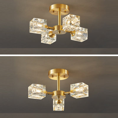 Lustre Plafonnier Semi-Encastré Moderne de Luxe Carré Rond Cristal Cuivre 3/4/5/6 Lumières pour Chambre 