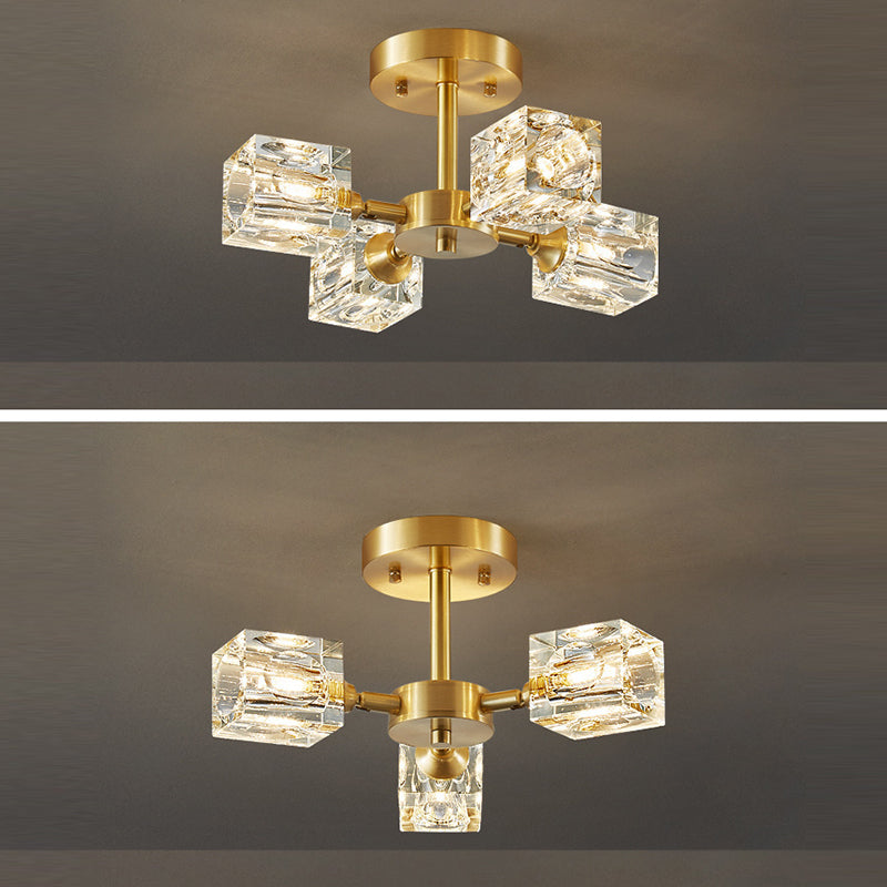 Lustre Plafonnier Semi-Encastré Moderne de Luxe Carré Rond Cristal Cuivre 3/4/5/6 Lumières pour Chambre 