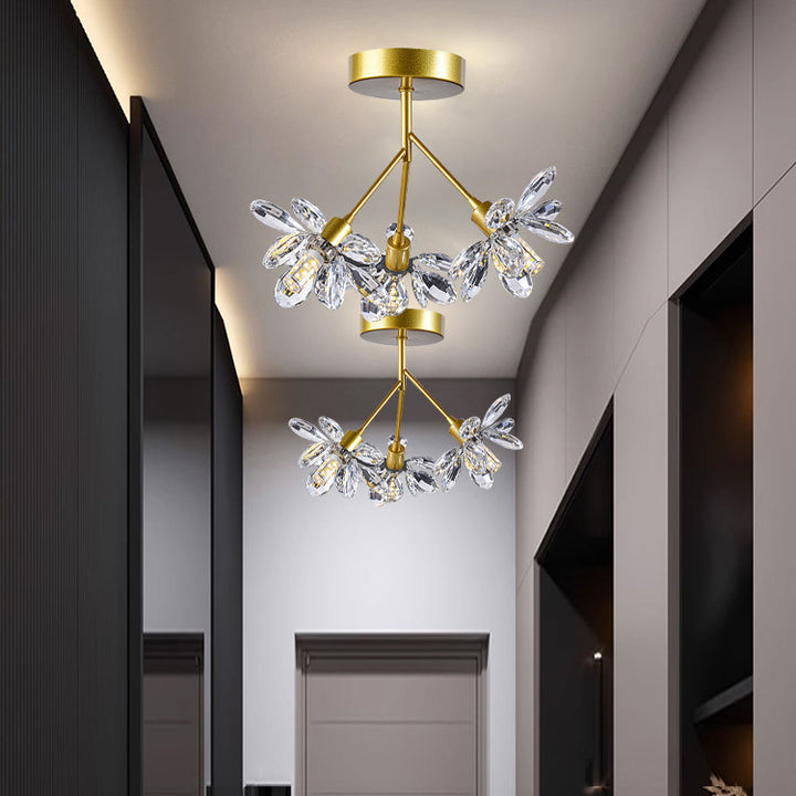 Moderne Luxus Zweig Runde Kristall Eisen 3-Licht Semi-Flush Mount Deckenleuchte für Schlafzimmer 