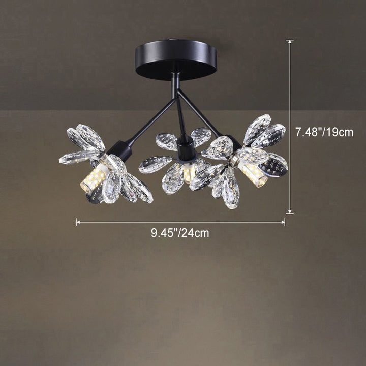 Moderne Luxus Zweig Runde Kristall Eisen 3-Licht Semi-Flush Mount Deckenleuchte für Schlafzimmer 