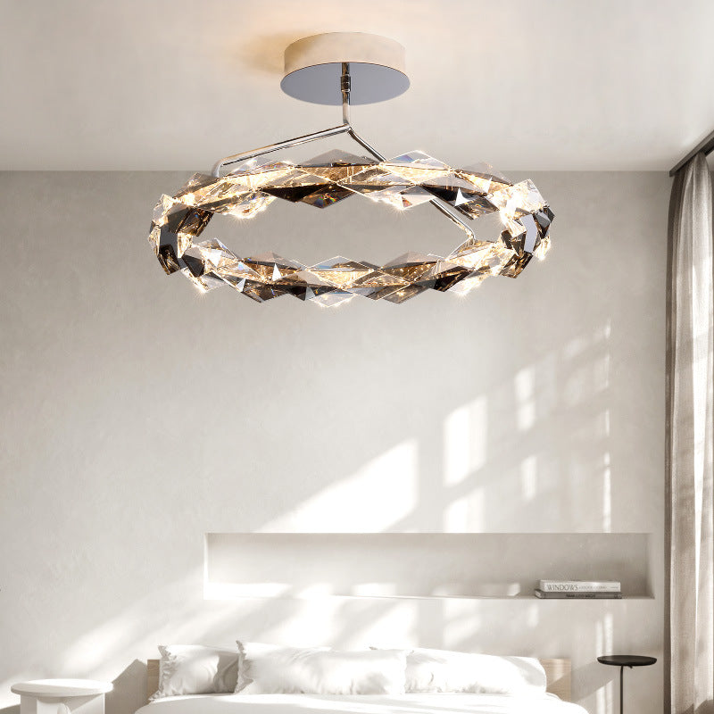 Modern Simplicity Round Prism Crystal Hardware LED Semi-Flush Mount Ceiling Light For Bedroom