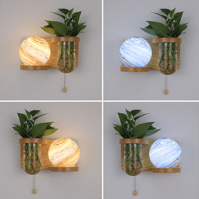 Moderne Art Deco Planet Column Glass Oak 1-Licht Wandleuchte für Wohnzimmer 