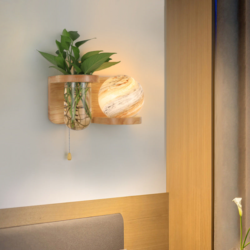 Moderne Art Deco Planet Column Glass Oak 1-Licht Wandleuchte für Wohnzimmer 