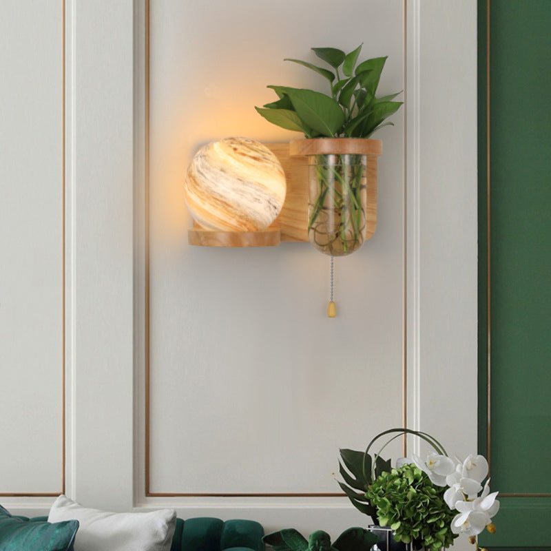 Moderne Art Deco Planet Column Glass Oak 1-Licht Wandleuchte für Wohnzimmer 