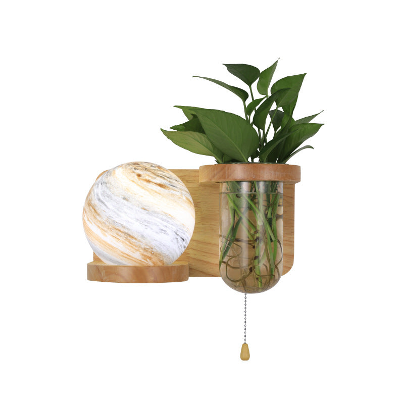 Moderne Art Deco Planet Column Glass Oak 1-Licht Wandleuchte für Wohnzimmer 