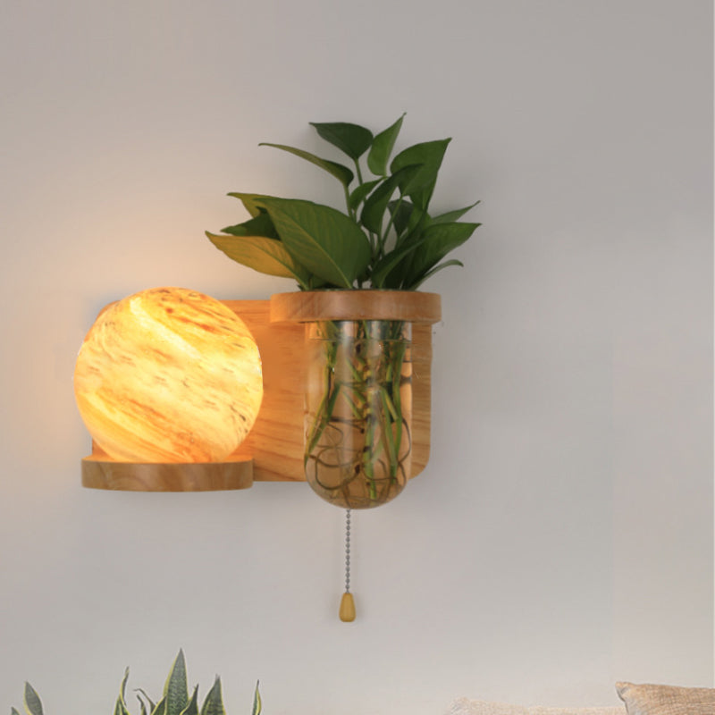Moderne Art Deco Planet Column Glass Oak 1-Licht Wandleuchte für Wohnzimmer 