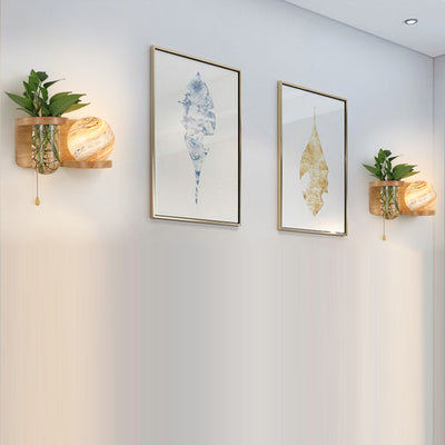 Moderne Art Deco Planet Column Glass Oak 1-Licht Wandleuchte für Wohnzimmer 