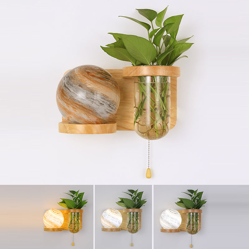 Moderne Art Deco Planet Column Glass Oak 1-Licht Wandleuchte für Wohnzimmer 