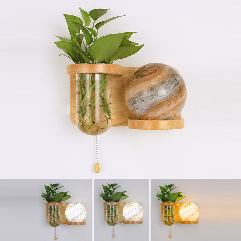 Moderne Art Deco Planet Column Glass Oak 1-Licht Wandleuchte für Wohnzimmer 