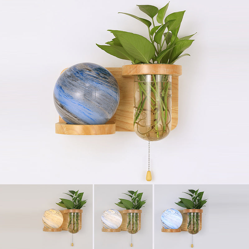 Moderne Art Deco Planet Column Glass Oak 1-Licht Wandleuchte für Wohnzimmer 