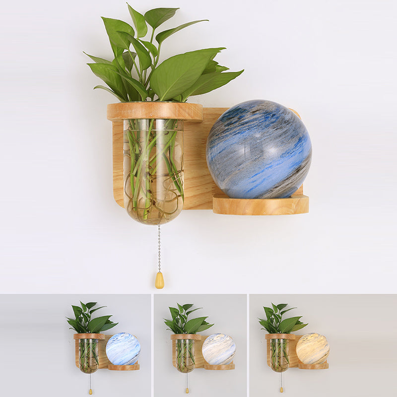Moderne Art Deco Planet Column Glass Oak 1-Licht Wandleuchte für Wohnzimmer 