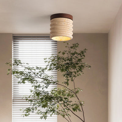 Plafonnier à une lumière en noyer travertin jaune à colonnes rondes japonaises traditionnelles pour salon 