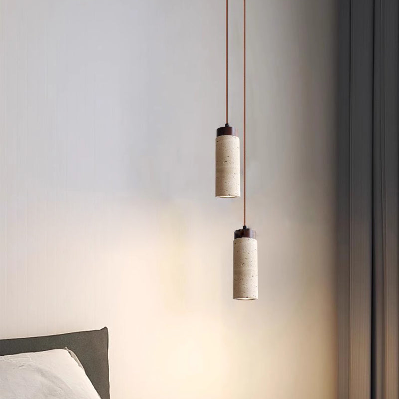 Traditionelle japanische runde rechteckige Zylinder gelbe Travertin Massivholz 1-Licht Pendelleuchte für Wohnzimmer 