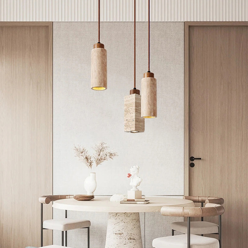 Traditionelle japanische runde rechteckige Zylinder gelbe Travertin Massivholz 1-Licht Pendelleuchte für Wohnzimmer 