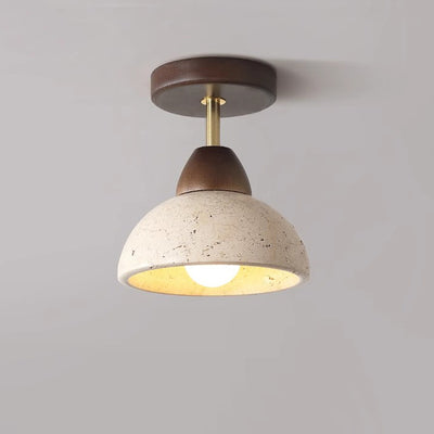 Plafonnier semi-encastré à 1 lumière pour chambre à coucher en forme de bol cylindrique rond japonais traditionnel en travertin jaune, bois de caoutchouc et fer 