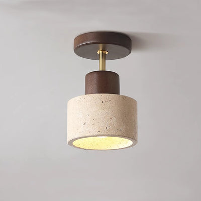 Plafonnier semi-encastré à 1 lumière pour chambre à coucher en forme de bol cylindrique rond japonais traditionnel en travertin jaune, bois de caoutchouc et fer 