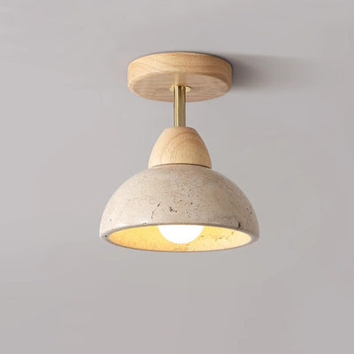 Plafonnier semi-encastré à 1 lumière pour chambre à coucher en forme de bol cylindrique rond japonais traditionnel en travertin jaune, bois de caoutchouc et fer 