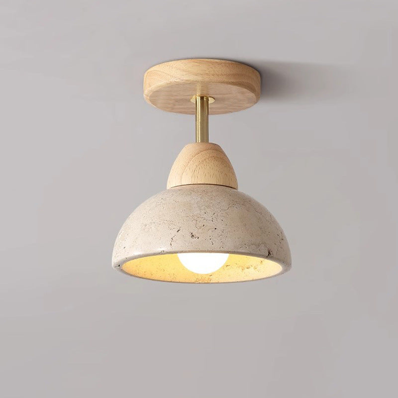 Plafonnier semi-encastré à 1 lumière pour chambre à coucher en forme de bol cylindrique rond japonais traditionnel en travertin jaune, bois de caoutchouc et fer 