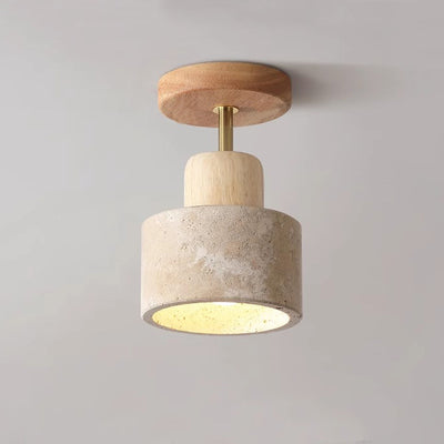 Plafonnier semi-encastré à 1 lumière pour chambre à coucher en forme de bol cylindrique rond japonais traditionnel en travertin jaune, bois de caoutchouc et fer 