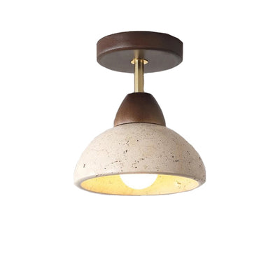 Plafonnier semi-encastré à 1 lumière pour chambre à coucher en forme de bol cylindrique rond japonais traditionnel en travertin jaune, bois de caoutchouc et fer 