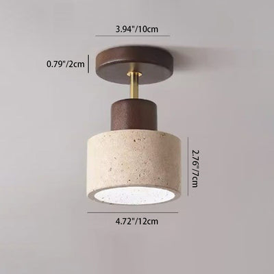 Plafonnier semi-encastré à 1 lumière pour chambre à coucher en forme de bol cylindrique rond japonais traditionnel en travertin jaune, bois de caoutchouc et fer 