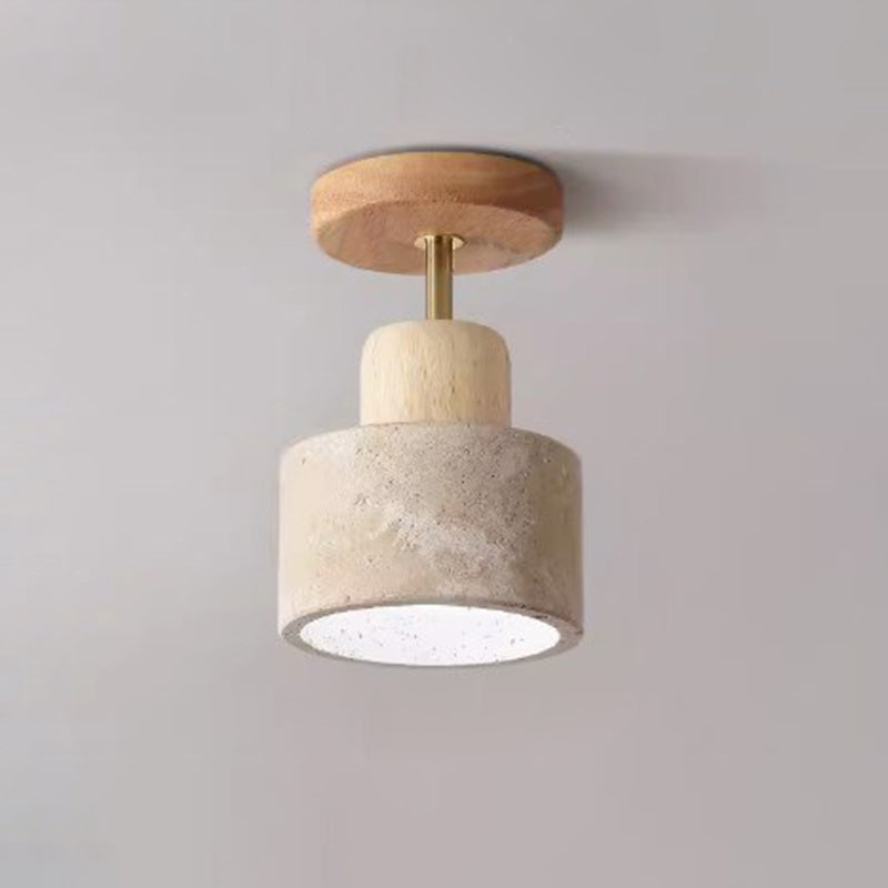 Plafonnier semi-encastré à 1 lumière pour chambre à coucher en forme de bol cylindrique rond japonais traditionnel en travertin jaune, bois de caoutchouc et fer 
