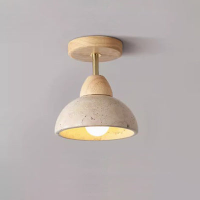 Plafonnier semi-encastré à 1 lumière pour chambre à coucher en forme de bol cylindrique rond japonais traditionnel en travertin jaune, bois de caoutchouc et fer 