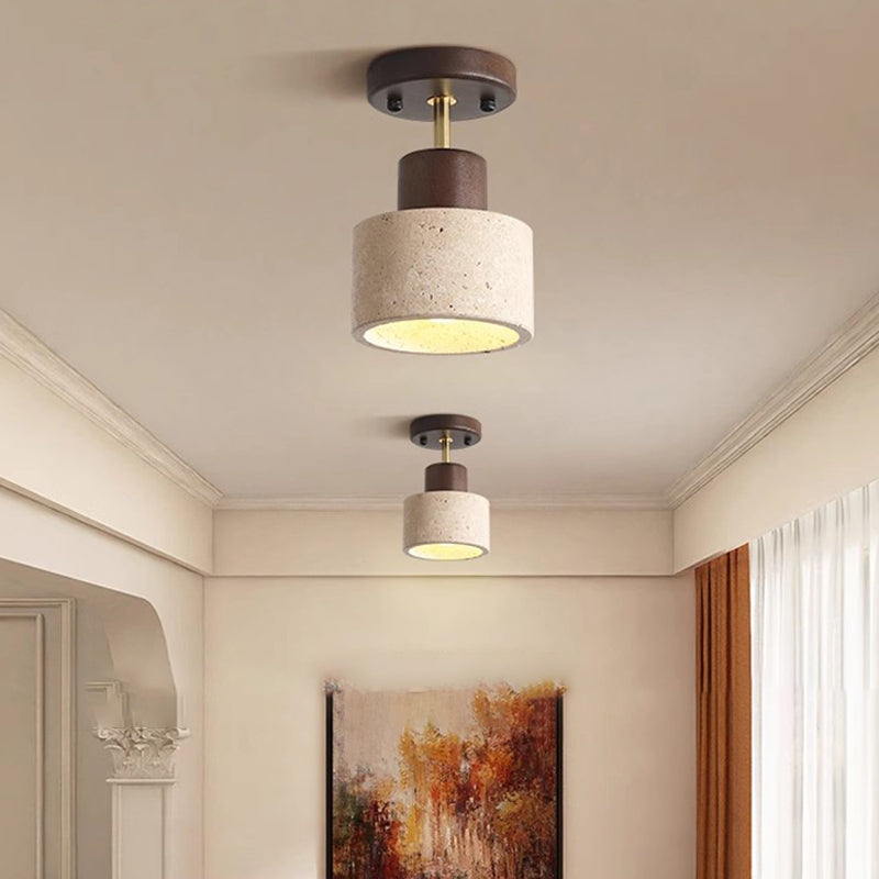 Plafonnier semi-encastré à 1 lumière pour chambre à coucher en forme de bol cylindrique rond japonais traditionnel en travertin jaune, bois de caoutchouc et fer 