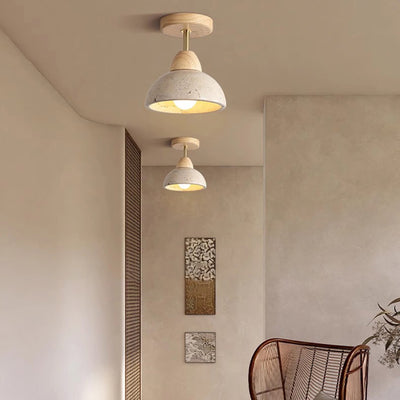 Plafonnier semi-encastré à 1 lumière pour chambre à coucher en forme de bol cylindrique rond japonais traditionnel en travertin jaune, bois de caoutchouc et fer 