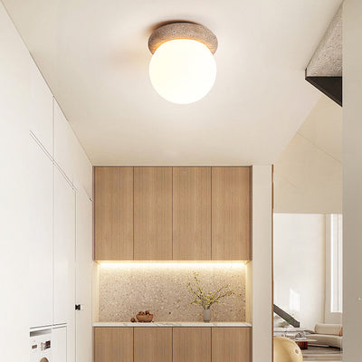 Contemporary Scandinavian Orb Round Yellow Travertine 1-Light Flush Mount Ceiling Light For Living Room
