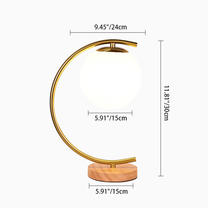 Zeitgenössische skandinavische Kugel gebogene runde Glas Eisen Massivholz 1-Licht Tischlampe für das Wohnzimmer 