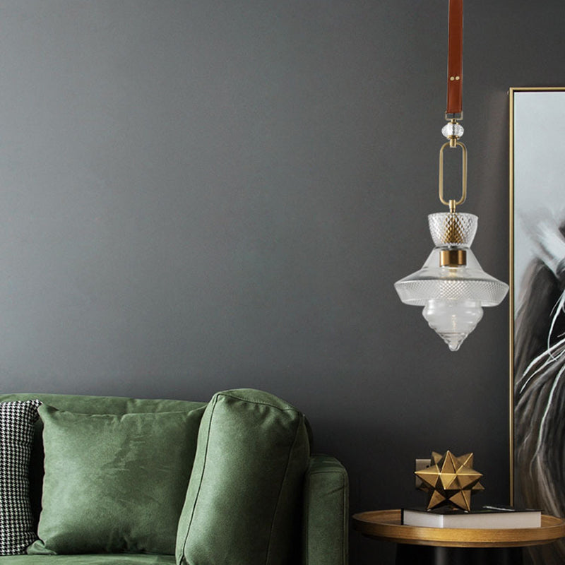 Suspension Luminaire Contemporain Industriel Triangle Rond Cône Anneau Cristal Verre Fer Cuir 1-Lumière Pour Salon 