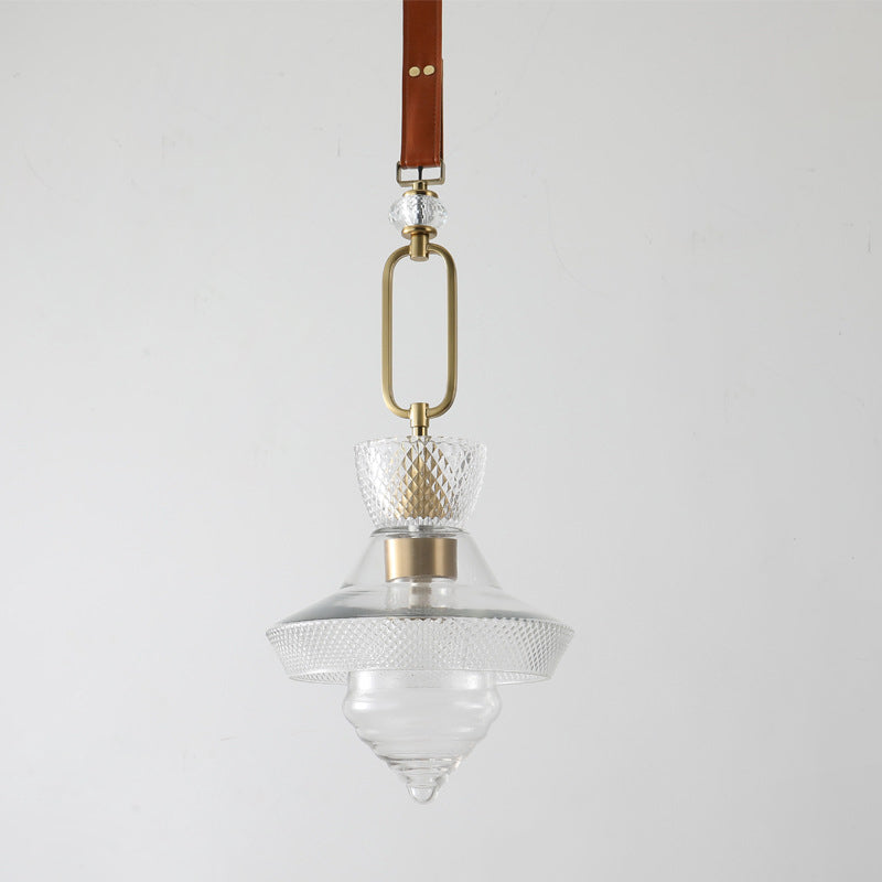 Suspension Luminaire Contemporain Industriel Triangle Rond Cône Anneau Cristal Verre Fer Cuir 1-Lumière Pour Salon 