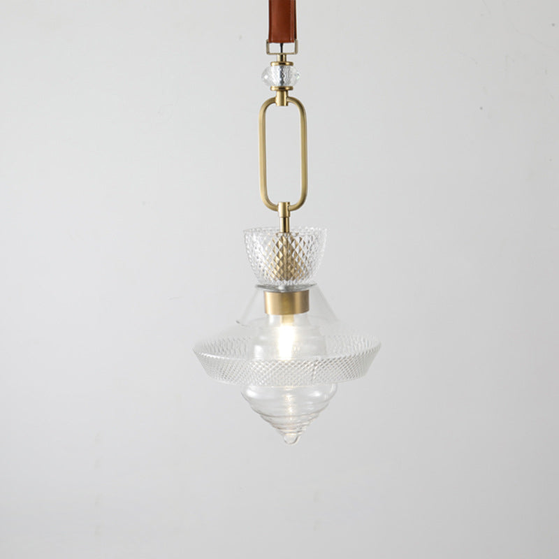 Suspension Luminaire Contemporain Industriel Triangle Rond Cône Anneau Cristal Verre Fer Cuir 1-Lumière Pour Salon 