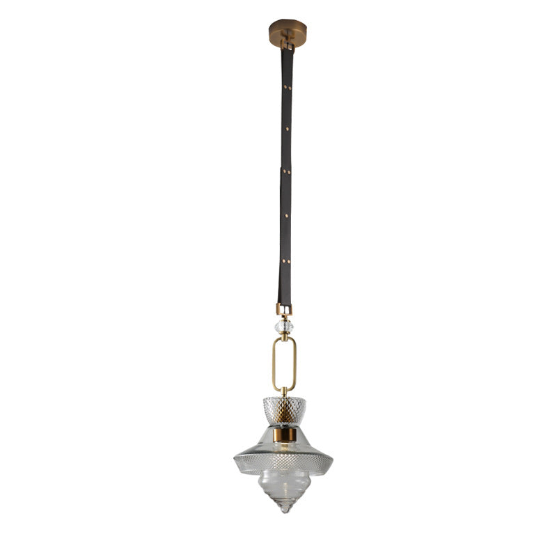 Suspension Luminaire Contemporain Industriel Triangle Rond Cône Anneau Cristal Verre Fer Cuir 1-Lumière Pour Salon 
