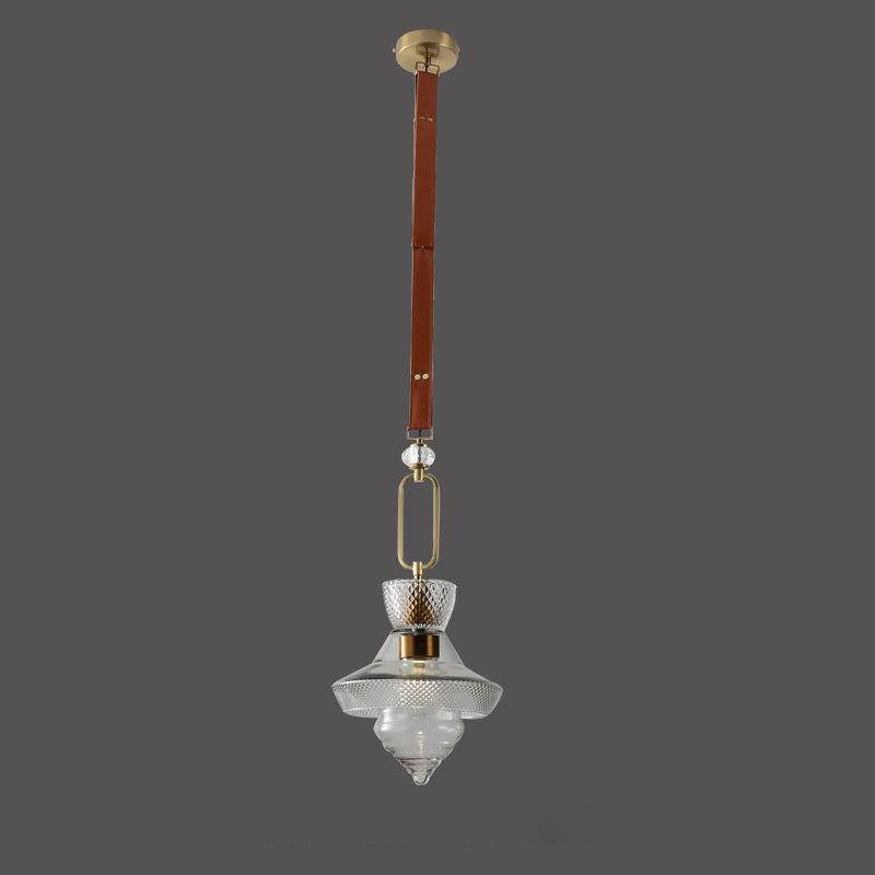 Suspension Luminaire Contemporain Industriel Triangle Rond Cône Anneau Cristal Verre Fer Cuir 1-Lumière Pour Salon 